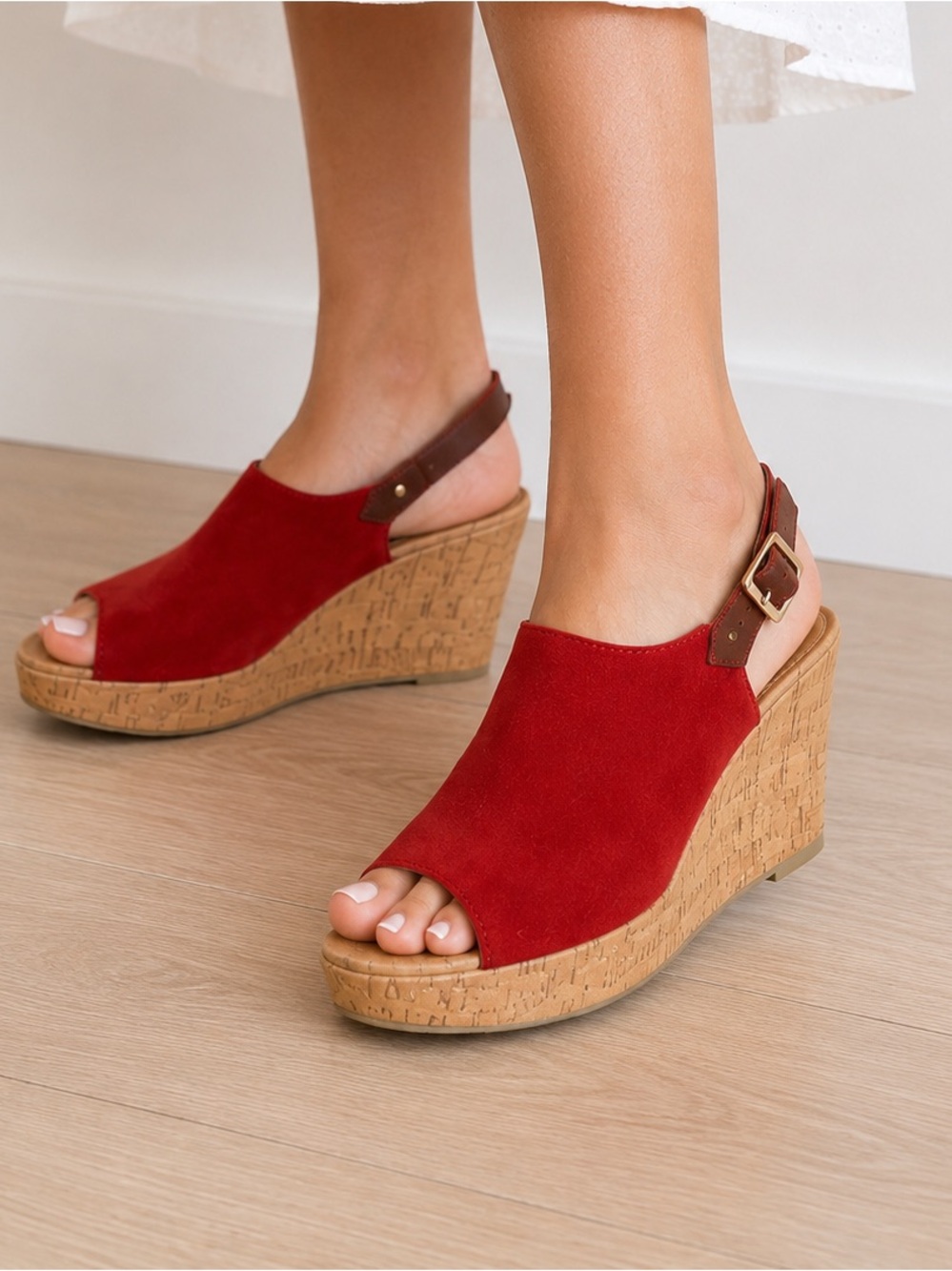 American Eagle Red Suede Cork Wedge Heel Sandals Women’s Size 7